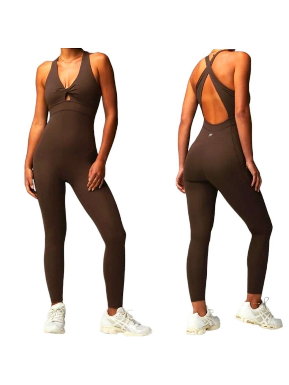 Fabletics Jumpsuit Womens Medium Brown Twist Front Oasis 7/8 Padded Athleisure